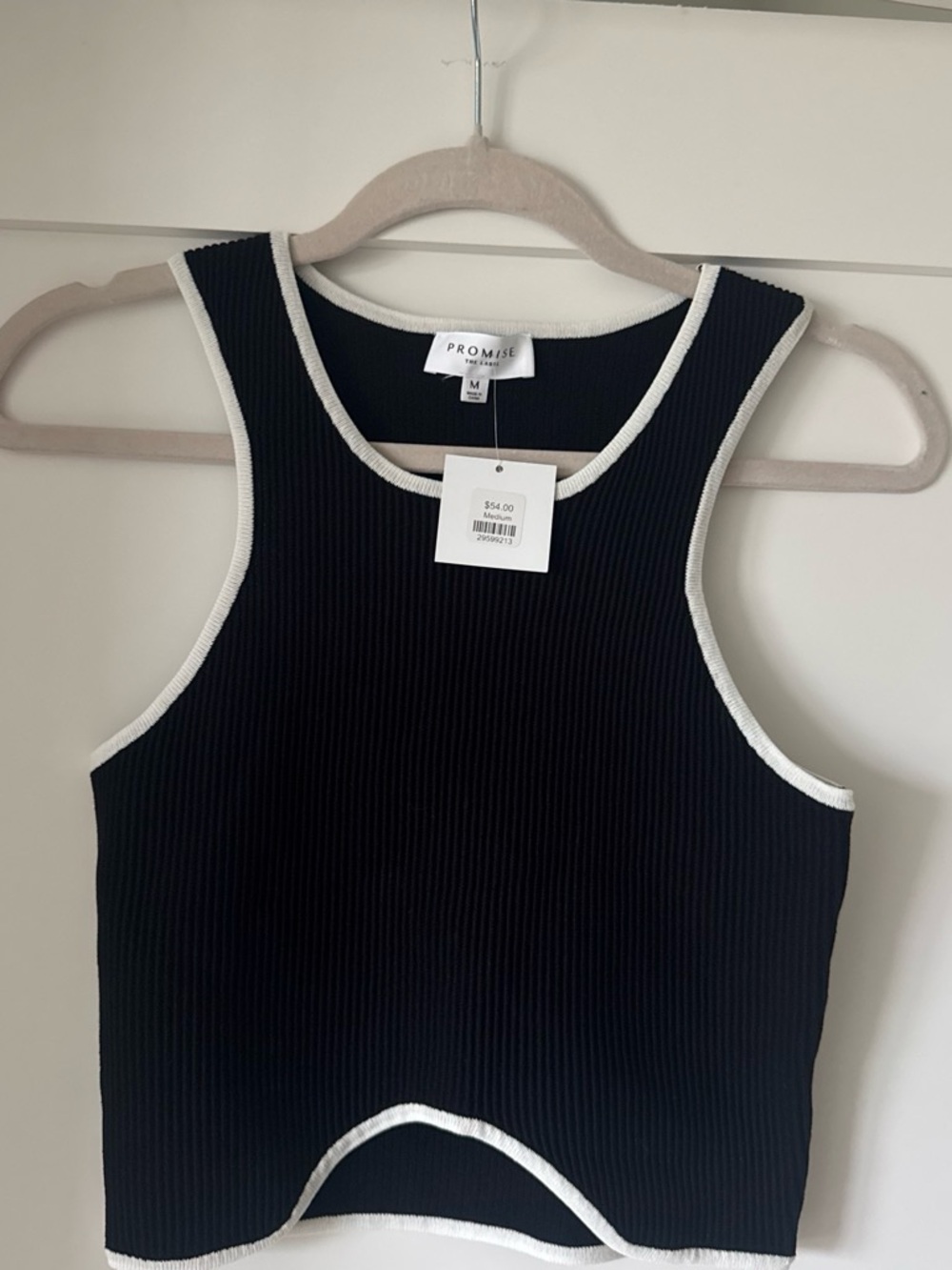 NWT Promise The Label Black Ribbed Cropped Tank with White Trim